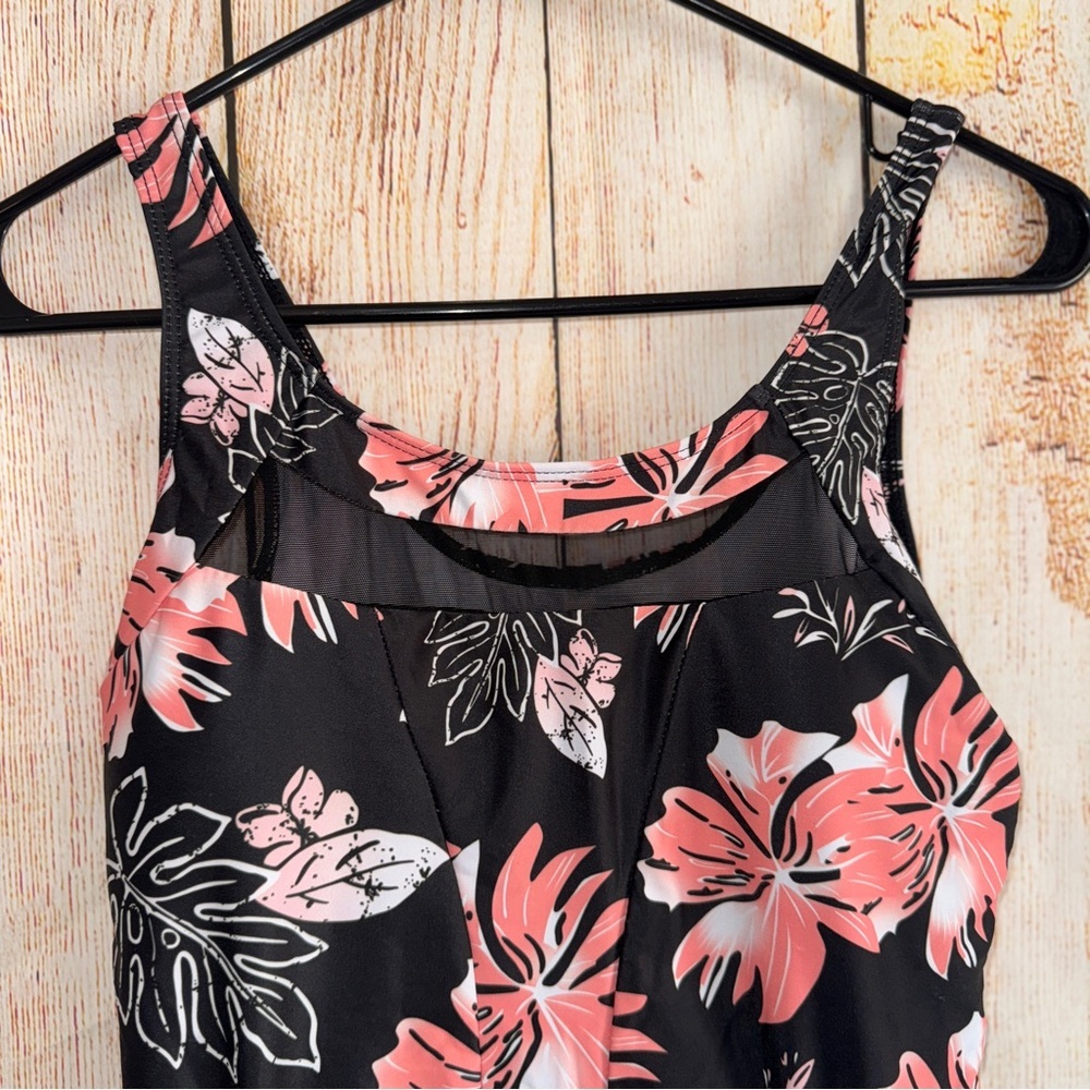One Piece Swimsuit Slimming Skirted Bathing Suit, Swimdress, Black & Tropical M​ - Picture 4 of 11